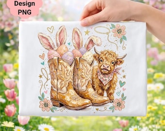 Easter Cowboy Boots PNG, Highland Cow, Farmhouse Illustration (Digital Download)