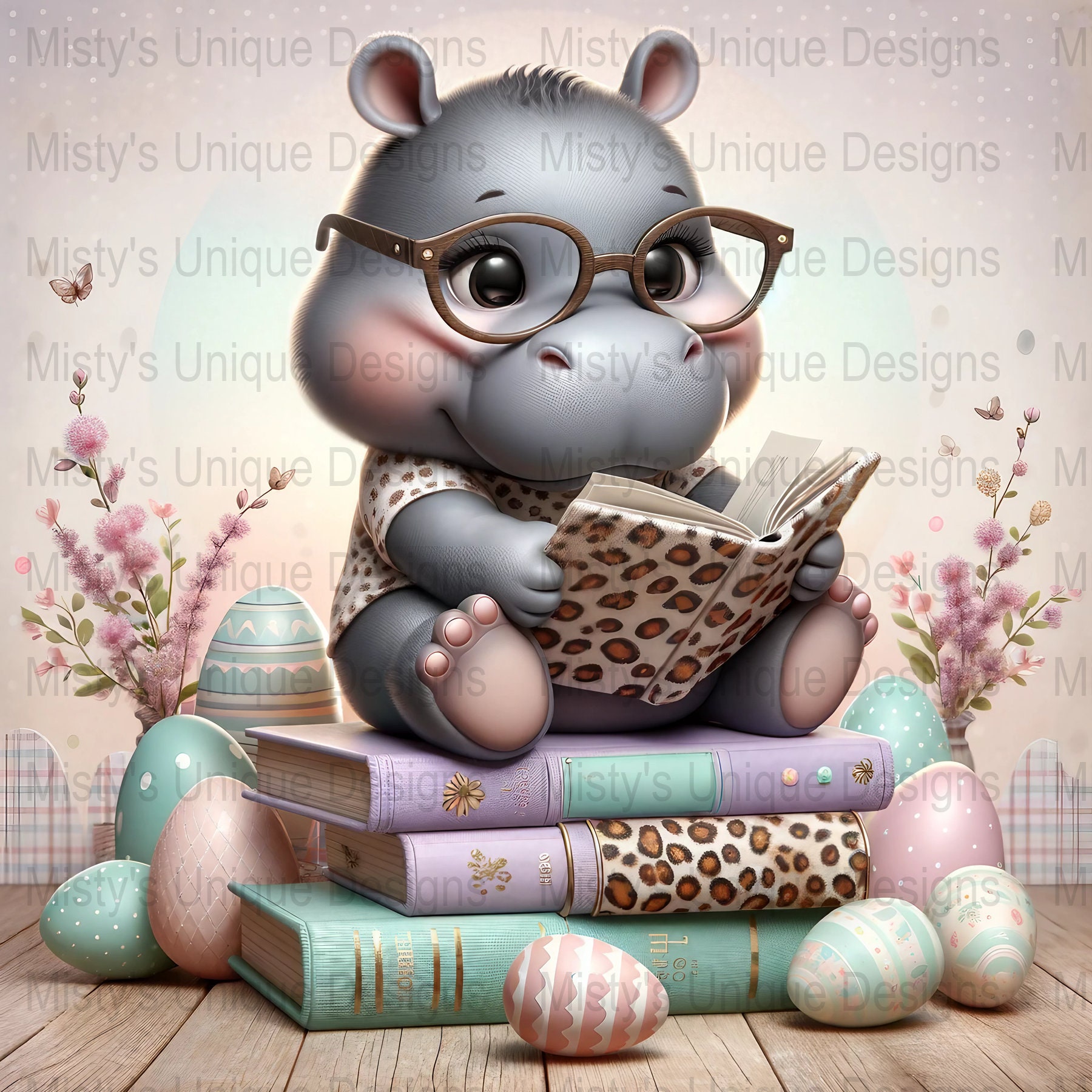 Cute Hippo Reading Book Digital Paper, Printable Nursery Decor, Animal ...