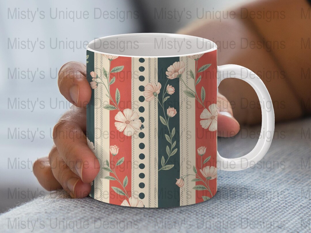 Elegant Floral Stripe Mug Wrap Design, 11oz 15oz (digital) - Etsy