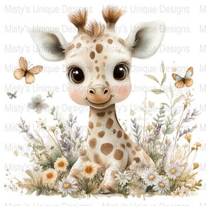 Cute Baby Giraffe Clipart, Adorable Animal Digital Download, Whimsical Giraffe with Flowers, Baby Nursery Decor PNG