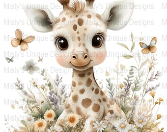 Clipart babygiraf, decor bloemenkwekerij, png (digitale download)