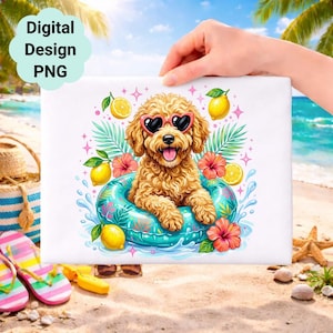 May include: A digital design featuring a cartoon poodle wearing heart-shaped sunglasses and floating in a turquoise inner tube. The design includes lemons, hibiscus flowers, and palm fronds, with the text "Digital Design PNG" in a cloud-shaped bubble.