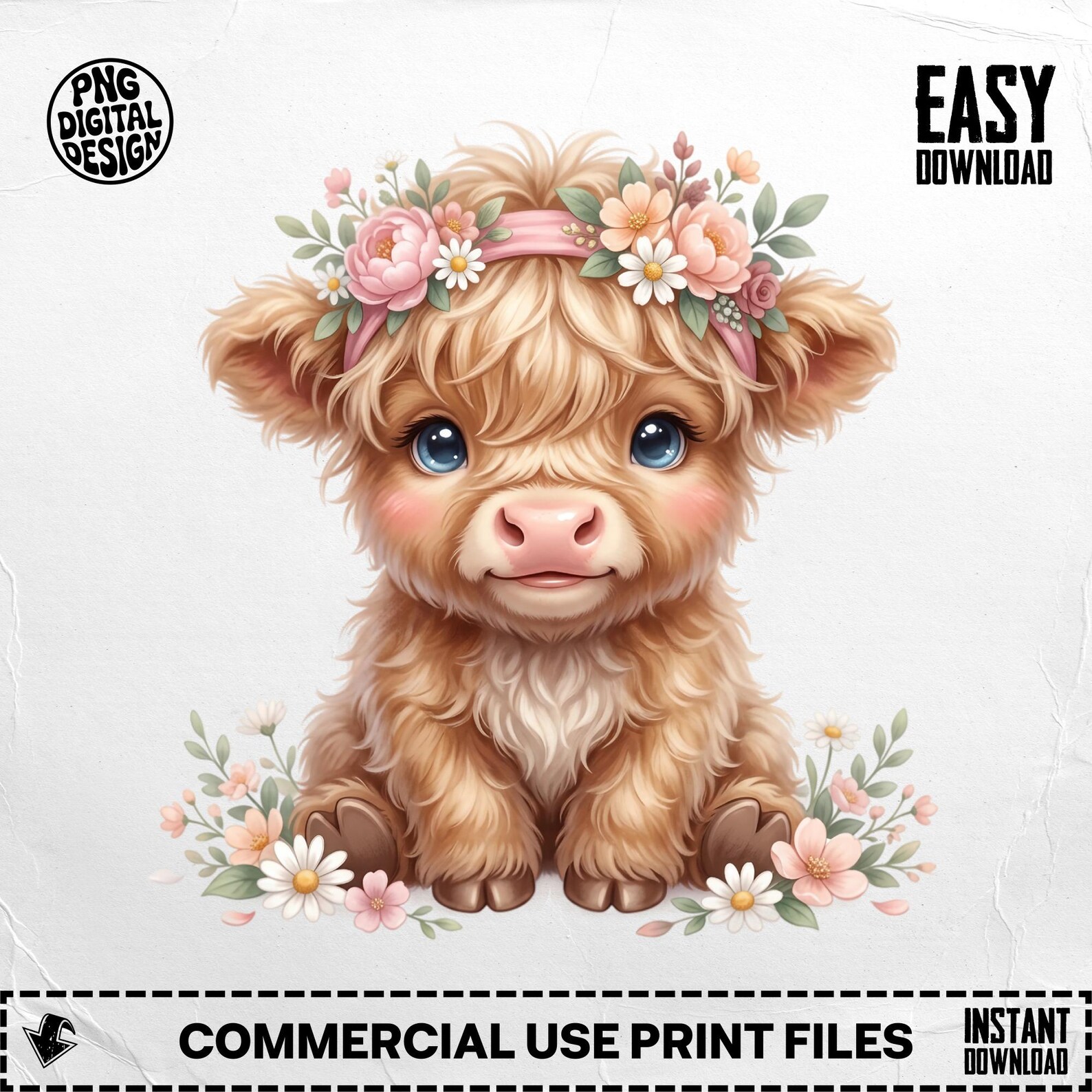 Highland Cow Clipart, Watercolor Baby Calf PNG, Floral Headband Design ...