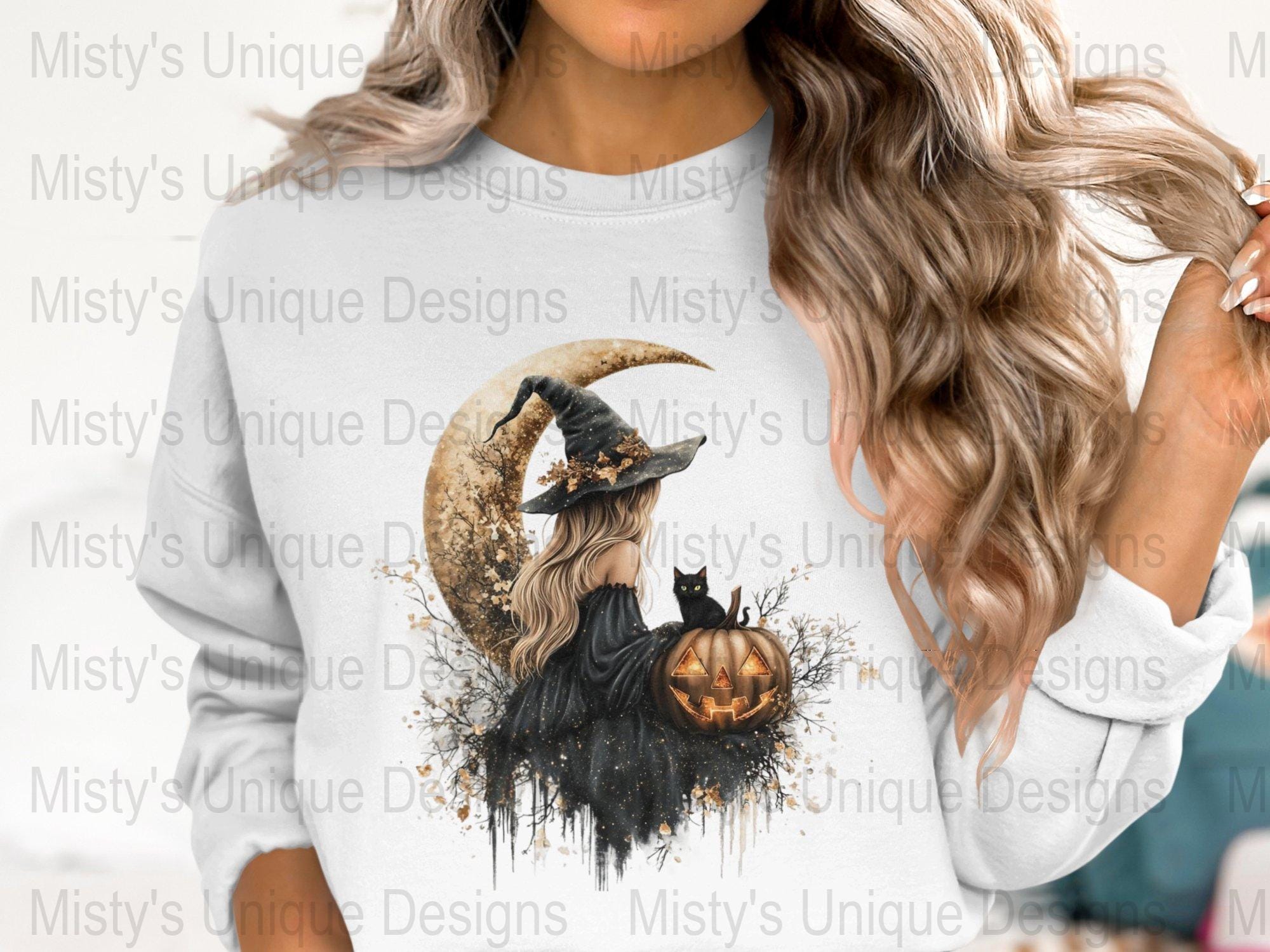 Halloween Witch Clipart, Black Cat Pumpkin Art, Magical Moon ...