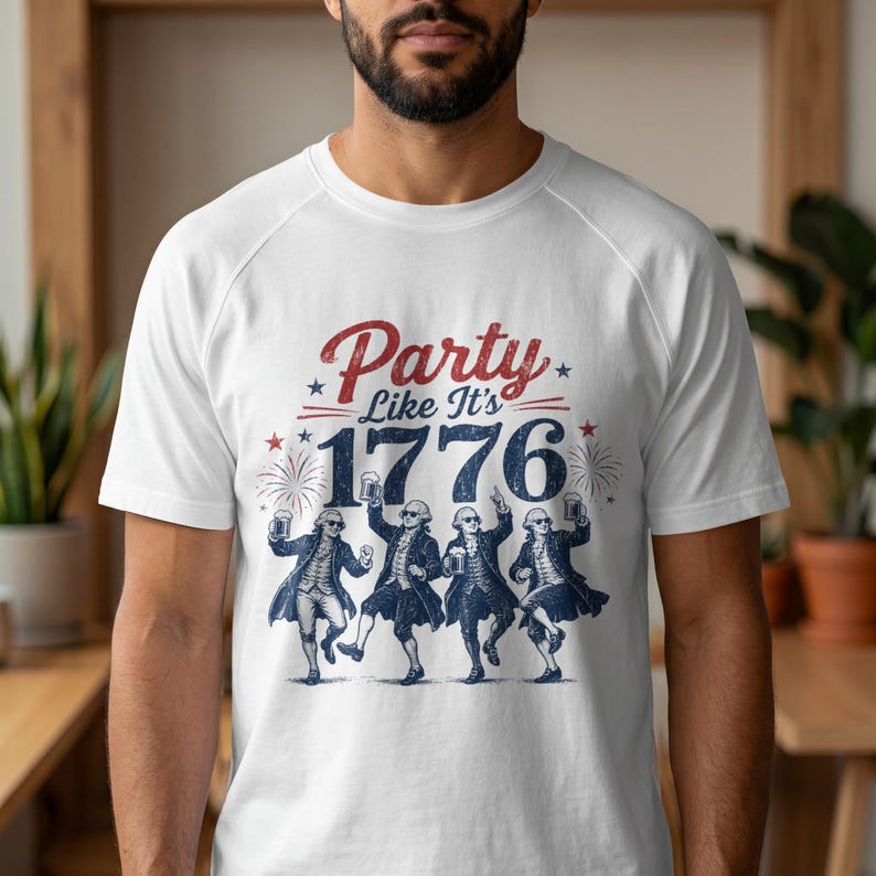 T-shirt with "Party Like It's 1776" and dancing Founding Fathers.