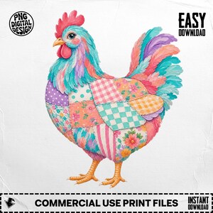 May include: A digital illustration of a rooster featuring a patchwork body design with various patterns including floral, polka dot, gingham, and stripes in shades of pink, teal, orange, and purple. Text reads PNG DIGITAL DESIGN and EASY DOWNLOAD.