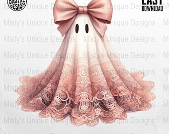 Pastel Goth Ghost Clipart, Pink Bow, Lace PNG (Digital Download)