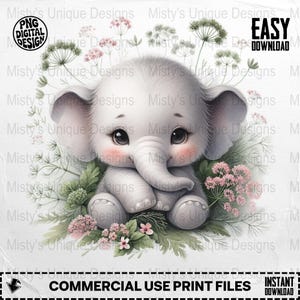 Baby Elephant Digital Download Clipart PNG, Nursery Art, Animal Illustration, Cute Elephant Art, Sublimation Design, Commercial Use