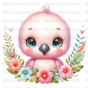 Lindo flamenco rosa clipart, descarga digital, arte infantil, decoración de baby shower, pájaro de dibujos animados PNG, diseño de borde floral, descarga instantánea