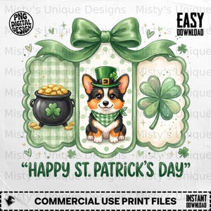 Clipart de Corgi del Día de San Patricio: Cachorro con sombrero de trébol (Descarga digital PNG)