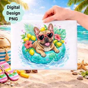 French Bulldog Summer Clipart, Tropical Dog Pool Float PNG, Lemon Hibiscus Design (Digital Download)