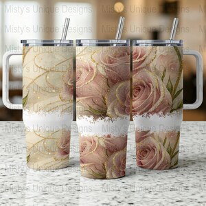 Elegant Roses Design Tumbler Wrap, Pink Roses Glitter Accents, Shiny 40oz Tumbler Cover, Sparkly Floral Tumbler Decoration, Cute Gift