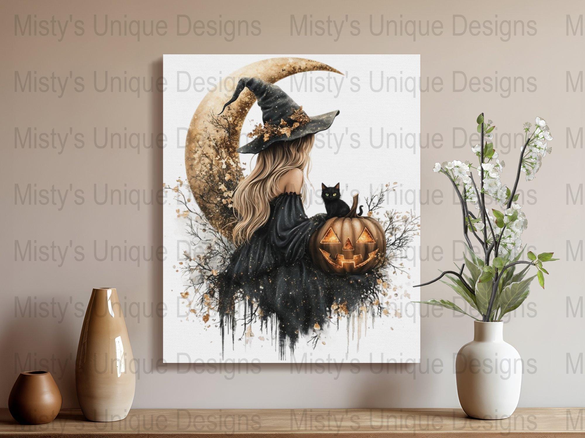 Halloween Witch Clipart, Black Cat Pumpkin Art, Magical Moon ...