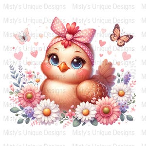 Adorable pollito de dibujos animados con corona de flores, descarga digital de un lindo pajarito, clipart de animales kawaii, arte floral primaveral, scrapbooking PNG