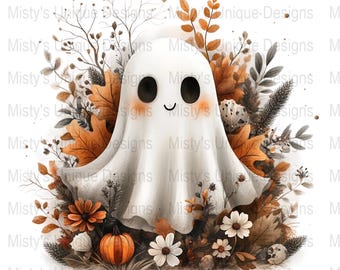 Ghost Halloween Clipart, Autumn Floral Pumpkin PNG (Digital Download