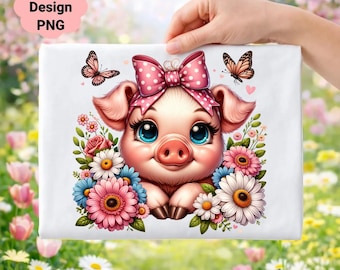 Floral Pig Clipart, Baby Animal PNG (Digital Download)