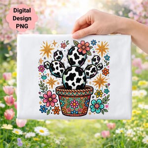 Cactus con estampado de vaca, arte bohemio del desierto occidental, maceta floral (descarga digital)