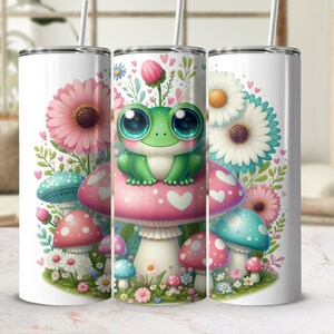 Adorable vaso de rana de dibujos animados, lindo vaso gráfico de animales y flores, bebida aislada para niños, taza de viaje con diseño de setas coloridas