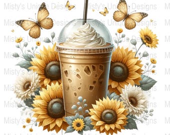 Sunflower Iced Coffee Clipart, Floral Summer PNG (Digital Download)