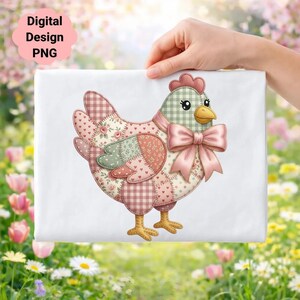 May include: A digital design PNG featuring a patchwork chicken illustration. The chicken has a pink bow, a red comb, and a mix of floral, gingham, and heart-patterned patches in pink, green, and red. The text "Digital Design PNG" is in a pink cloud.