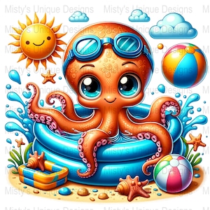 Schattige Octopus zomer clipart, cartoon pool party, Kids Beach digitale download, zwemmen Octopus PNG
