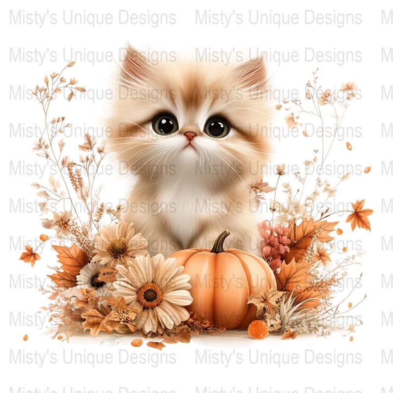 Kitten Pumpkin Clipart, Autumn Floral PNG (Digital Download image 1