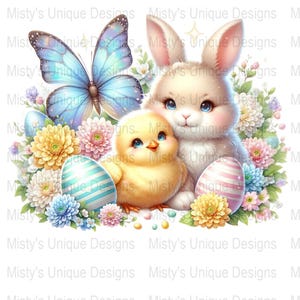 Cute Easter Clipart, Bunny and Chick with Eggs, Spring Flowers Digital Download, Pastel Butterfly PNG, Easter Decorations