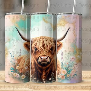 Highland Cow 20oz Tumbler Wrap, Floral Cattle Design, Cute Animal Tumbler, Sublimation Design, Tumbler for Her, Cow Lover Gift