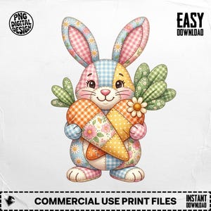 May include: A patchwork bunny illustration holding carrot-shaped objects. The bunny features pink, blue, and yellow patches. The carrots are orange and yellow with floral and gingham patterns. The image includes the text "PNG DIGITAL DESIGN" and "EASY DOWNLOAD".