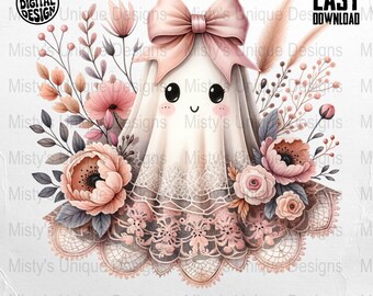 Floral Kawaii Ghost Clipart, Spooky Season PNG (Digital Download)