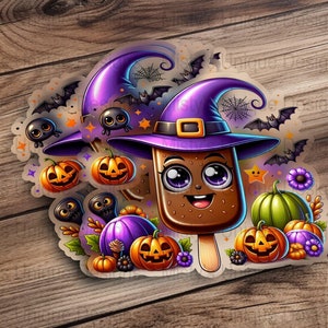 Kawaii Halloween Popsicle Clipart, Witch, Pumpkin, Bats (Digital Download) image 7
