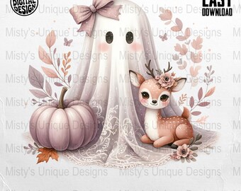 Imágenes prediseñadas de fantasmas, ciervos, calabazas rosas, Halloween PNG (descarga digital)