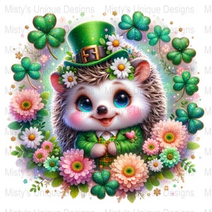 Clipart Saint-Patrick, téléchargement numérique hérisson mignon, trèfle PNG, clipart floral, décoration de printemps, conception de porte-bonheur