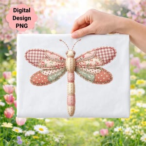 May include: A decorative dragonfly design with patchwork wings in shades of pink, green, and cream. The wings feature floral, polka dot, and gingham patterns. The text "Digital Design PNG" is in a pink cloud shape.