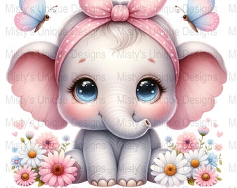 Cute Baby Elephant Clipart, Pink Bow, Digital Download PNG, Animal Illustration, Graphics for Scrapbooking, Nursery Decor, Printable