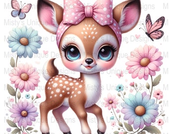 Cute Deer Clipart, Floral Animal PNG, Digital Download, Nursery Art Print, Kids Room Decor, Baby Shower, Craft Supplies, Commercial Use