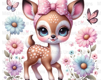 Clipart di cervi carini, PNG animali floreali, download digitale, stampa artistica della scuola materna, arredamento della camera dei bambini, baby shower, forniture artigianali, uso commerciale