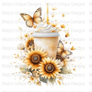 Sunflower Butterfly Drink Clipart PNG, Floral Coffee Cup Digital Download, Autumn Harvest Illustration, Printable Art for Crafts
