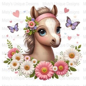 Joli cheval Clipart PNG, Illustration florale de cheval, cheval pastel avec des fleurs, Art cheval papillon, téléchargement numérique des cliparts, Art instantané