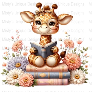 May include: A cute cartoon giraffe wearing glasses and a headband sits on a stack of colourful books. The giraffe is holding a blue book in its paws. The giraffe is surrounded by pink, white and purple flowers.