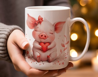 Taza de cerdito con corazón, taza de café con forma de animal (15 oz)