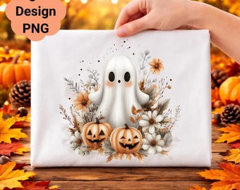Imágenes prediseñadas de fantasmas, flores de otoño, calabazas, Halloween PNG (descarga digital)