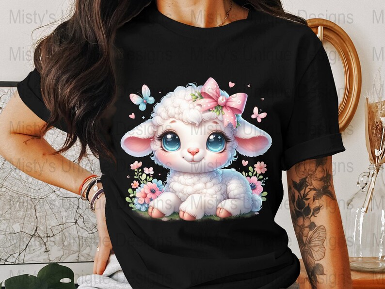 Floral Lamb Clipart, Kawaii Sheep PNG, Nursery Art (Digital Download) image 3