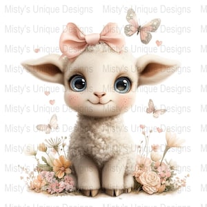 Cute Cartoon Lamb Clipart, Baby Animal Illustration, Nursery Art Decor, Pastel Digital Download, Lamb with Pink Bow and Butterflies PNG