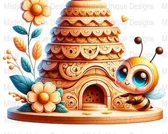 Cartoon Bee Honeycomb House PNG Clipart, Graphics (Digital Download)