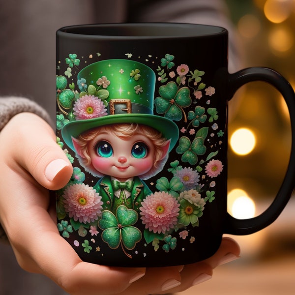 Mug fantaisiste de la Saint-Patrick, lutin de dessin animé mignon, tasse à café florale trèfle vert, cadeau de fête irlandais, charmant verre elfe