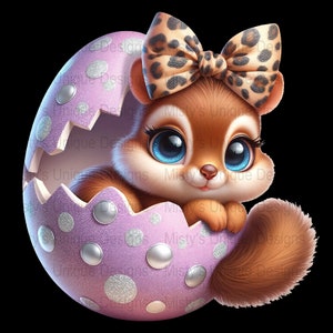 May include: A cute cartoon squirrel with big blue eyes and a brown and black spotted bow is peeking out of a purple Easter egg with white polka dots.
