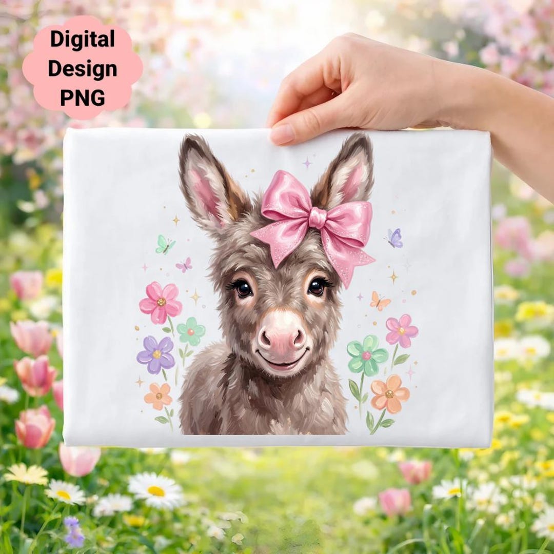 Pink Denkat Baby Donkey Clipart PNG | Pink Glitter Bow, Watercolor Flowers (digital ...