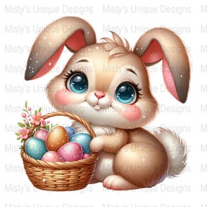 Cute Easter Bunny Clipart with Basket of Eggs Digital Download PNG for Crafts, Scrapbooking, Stickers, Invitations, DIY Projects