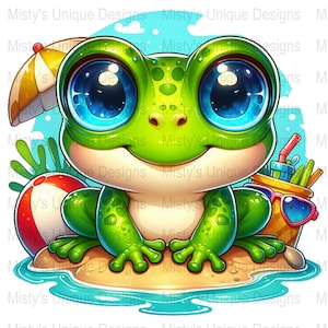 Cute Frog Clipart PNG, Letnia Plaża Cyfrowe Pobieranie, Kreskówkowa Żaba z Parasolem i Piłką